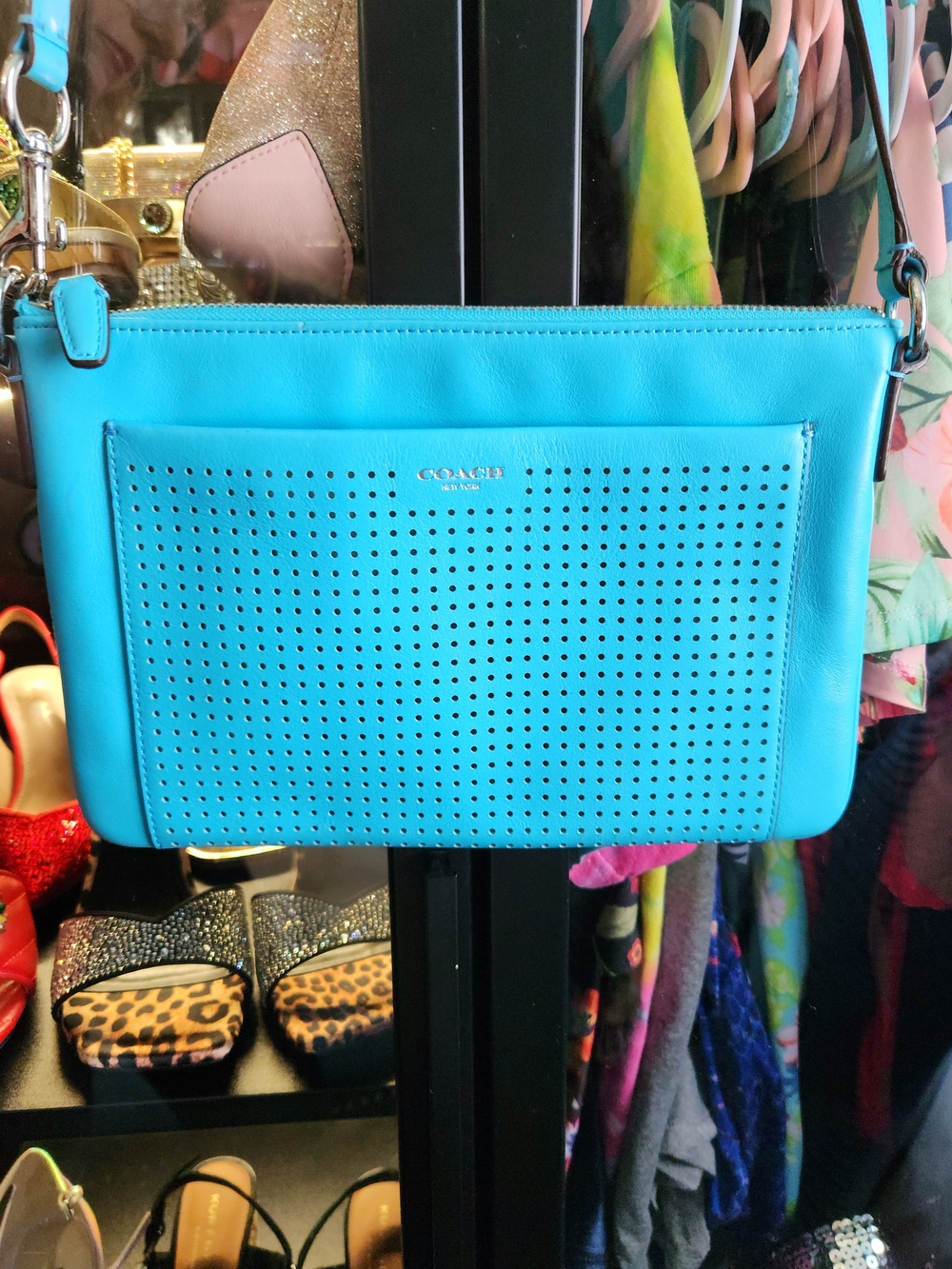 COACH Turquoise Perforated Leather Crossbody Bag